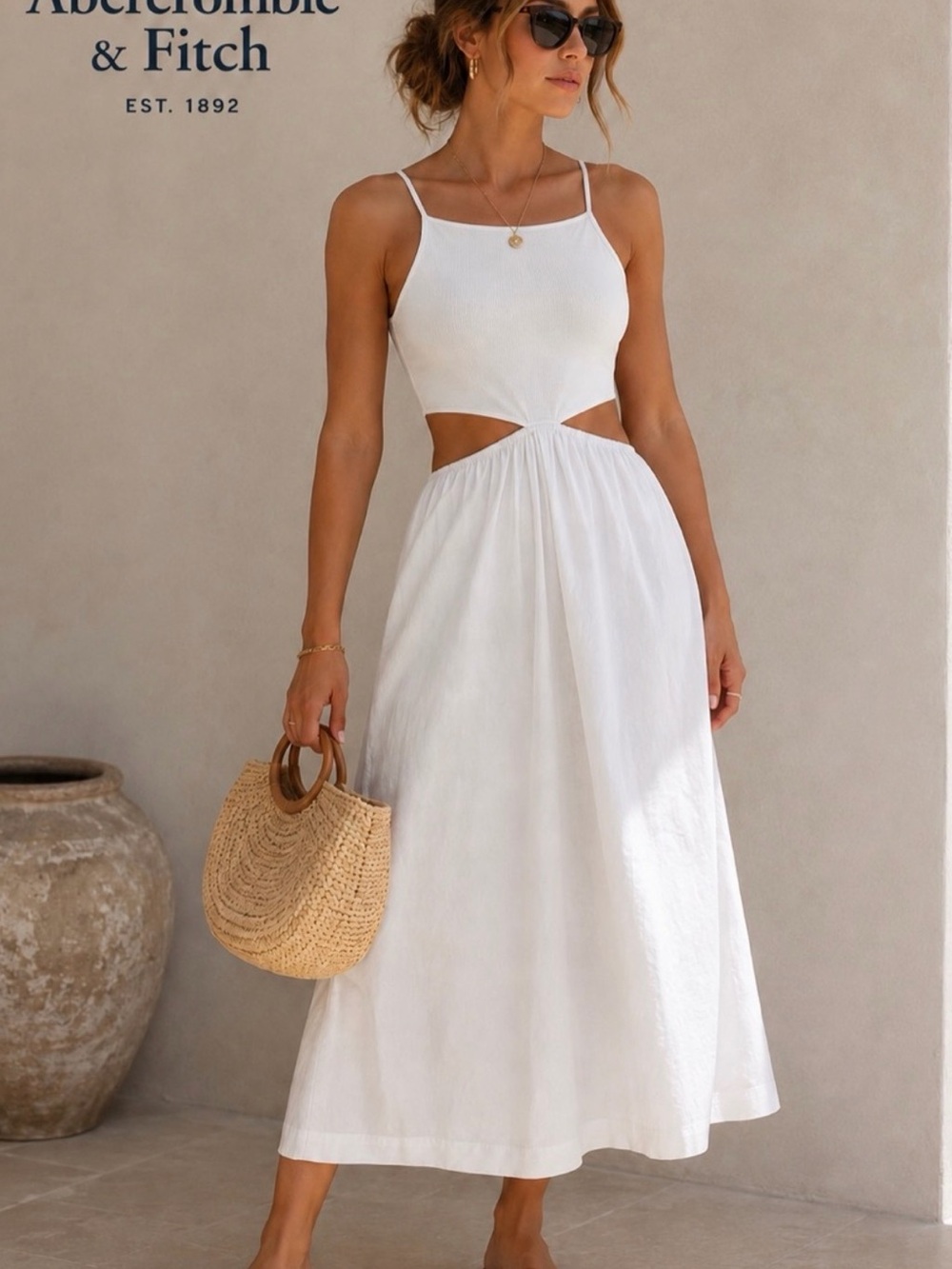 Abercrombie White Cutout Ruched Maxi Dress Size M